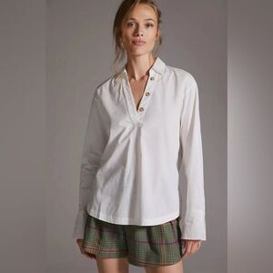 Anthropologie Maeve White Pop‎ Over Henley Blouse Sz Small Oversized
